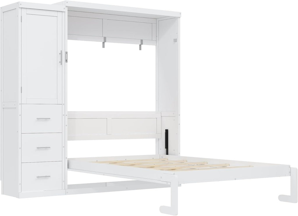 Full Murphy Bed with Storage, Wood Hideaway Wall Bed Frame with 3 Drawers & Wardrobe, Space-Saving Murphy Bed Cabinet