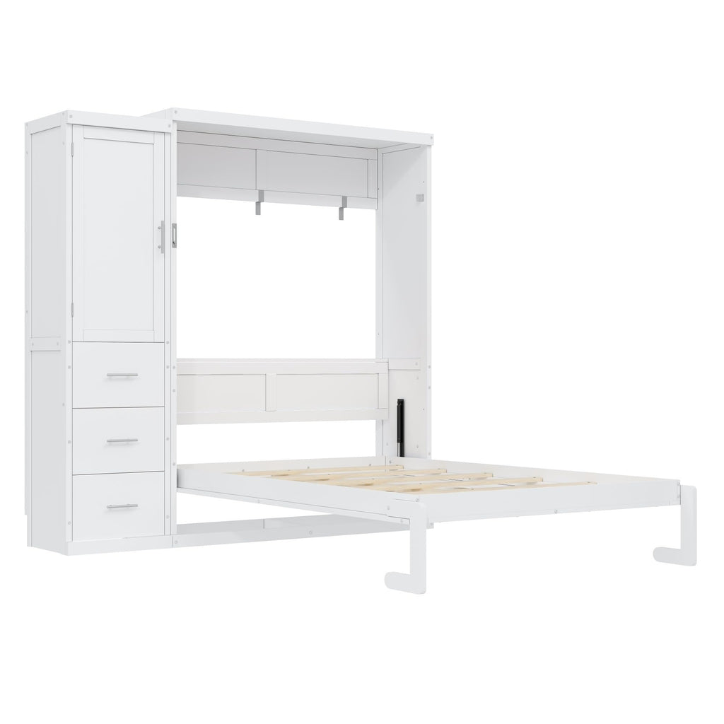 Full Murphy Bed with Storage Cabinet, Foldable Space-Saving Wood Wall Bed Frame with Wardrobe and 3 Drawers, Hidden