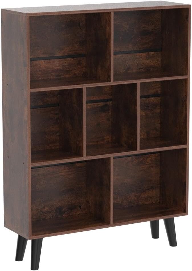 Cube Bookshelf 3 Tier Mid-Century Rustic Brown Modern Bookcase with Legs,Retro Wood Bookshelves Storage Organizer
