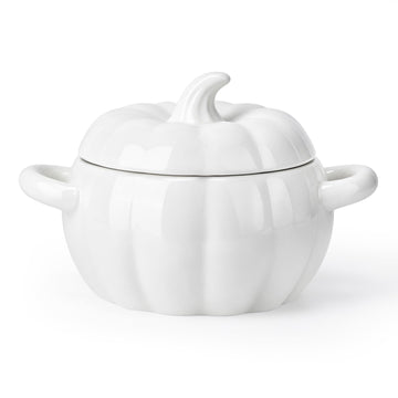 Pumpkin Soup Bowl, 64oz Ceramic Pumpkin Pot with Lid (White)