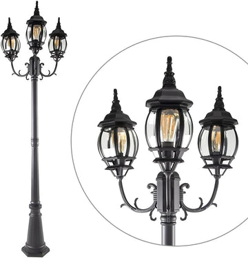 LED Outdoor Post Light with Triple-Head, Hardwired Vintage Street Lights for Lawn Patio Yard Pathway Garden Black