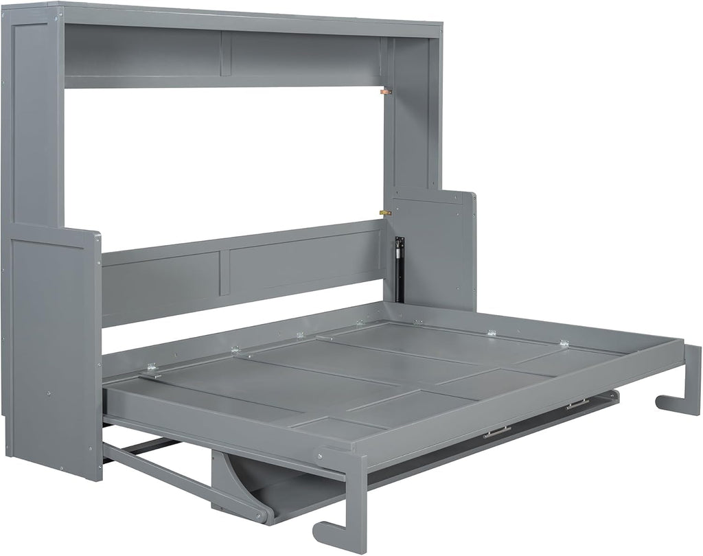 Queen Horizontal Murphy Bed with Desk,Solid Wood Folding Hideaway Murphy Wall Bed for Adult,Guest Room (Grey,Queen)