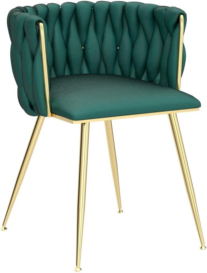 Woven Velvet Dining Chairs Set of 2, Upholstered Velvet Dining Chairs with Gold Metal Legs, Modern Style, Green
