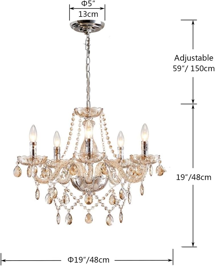 5 Light Modern K9 Crystal Chandelier for Dining Room, Pendant Ceiling Lighting Fixture for Bedroom, Living Room, Champagne Crystal