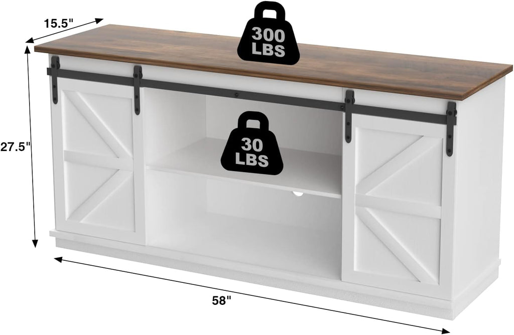 TV Stand for 65 Inch TV, Sliding Barn Doors, Bright White | Farmhouse Entertainment Center, Storage Cabinets
