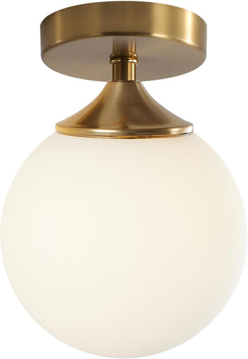 Brass Gold Small 5.9" Milk Glass Globe Semi Flush Mount Ceiling Light | E26 Hardwired Indoor, Mid Century Modern