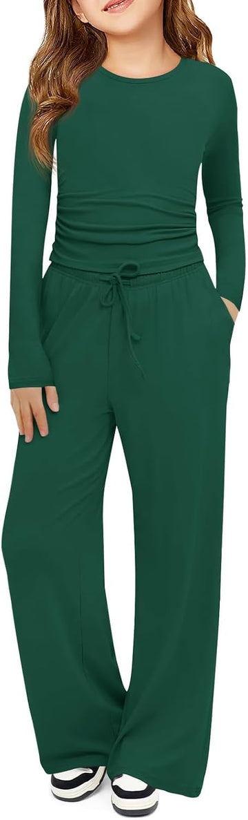 Girls 2 Piece Outfits Long Sleeve Tops and Wide Leg Pants Sets