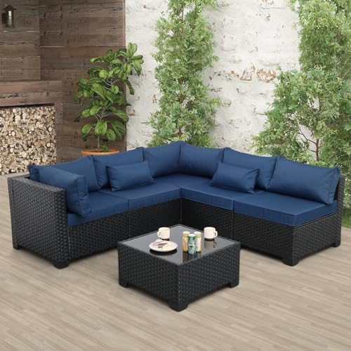 6-Piece Wicker Outdoor Patio Furniture Set | Navy Blue All-Weather Resistant for Patio, Garden & Porch