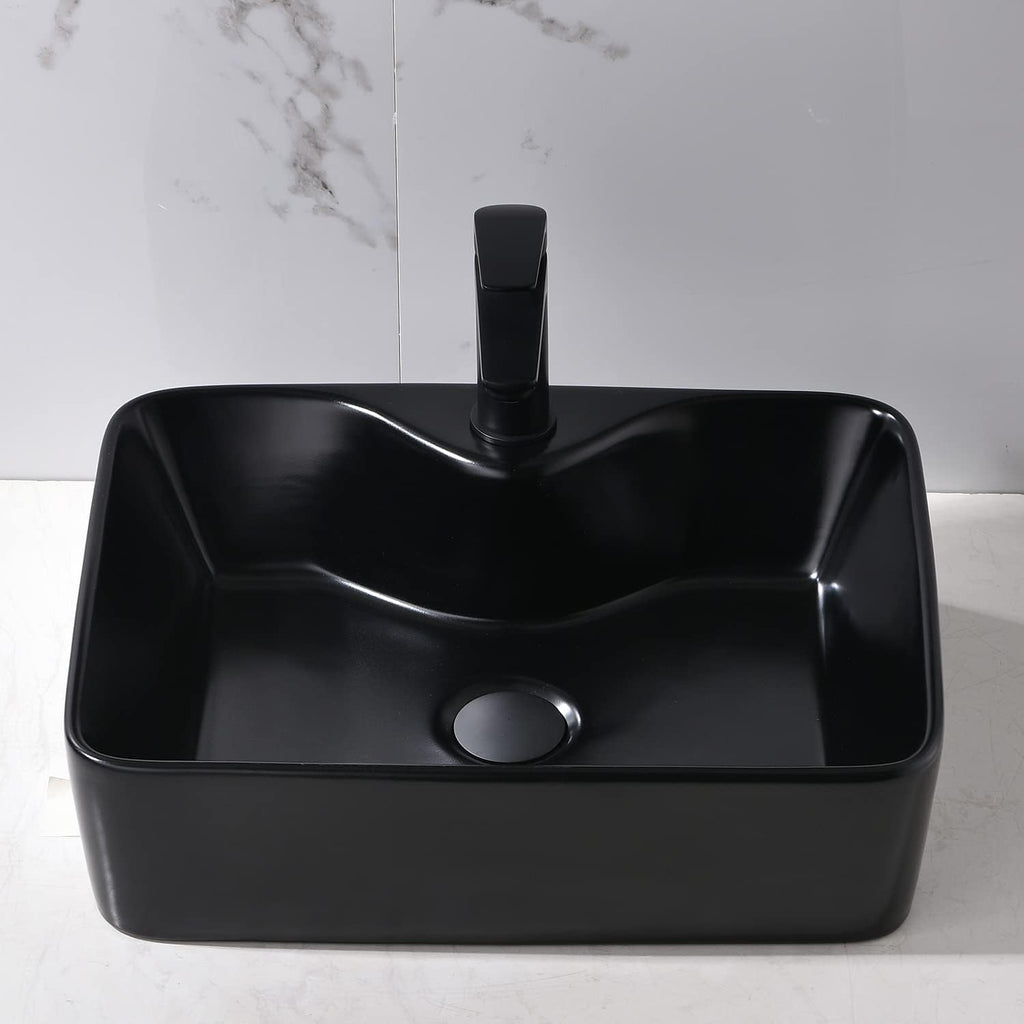 Black Bathroom Sink and Faucet Combo -VOKIM 19"x15" Bathroom Vessel Sink Rectangle Above Counter Matte Black Porcelain
