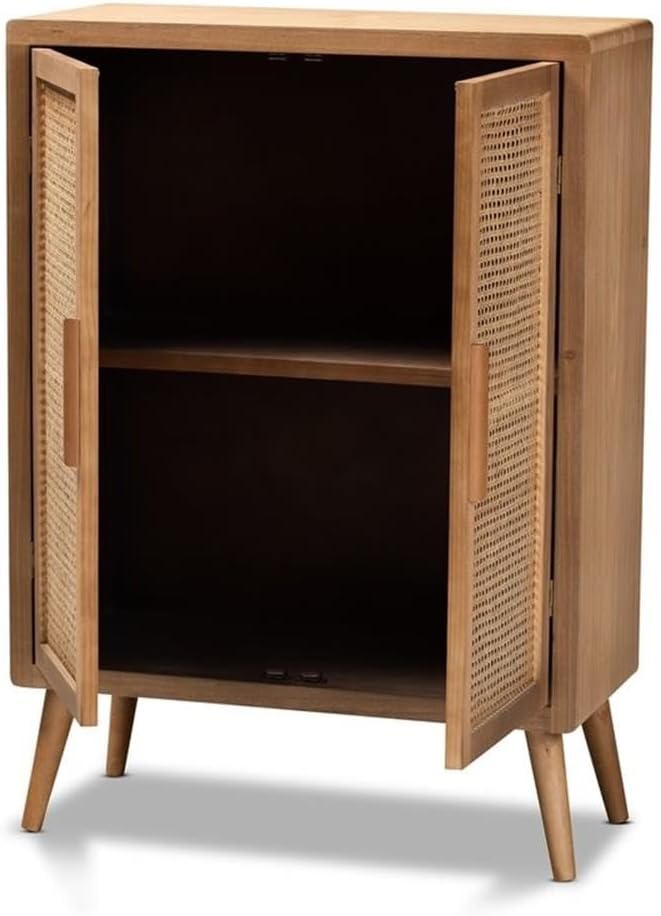 Mid-Century Wood/Rattan 2-Door Storage Cabinet, Oak Finish, 44.29" H x 31.5" W x 14.17" D, Adjustable Shelves, Angled