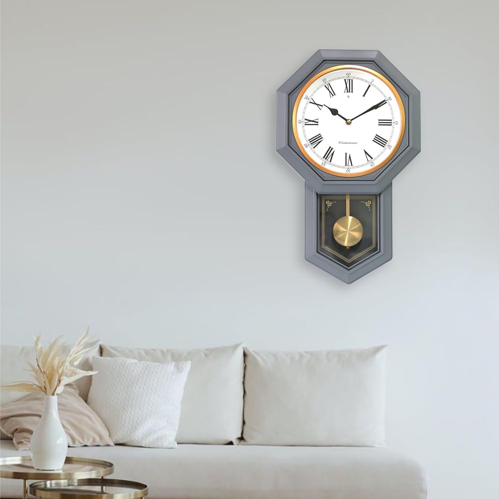 Plastic Pendulum Clock. Sturdy Gray Frame. Westminster Chime Every Hour,Elegant,Traditional Schoolhouse,Home,Office,Living Room,Bedroom.