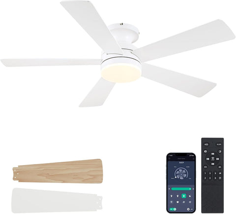 White Ceiling Fans with Lights - 46" Flush Mount Low Profile Ceiling Fan Light with 5 Double-Sided Blades, 6 Speeds 3CCT Reversible Motor, Modern Ceiling Fan for Indoor/Outdoor Patios A101-B0DKDZR3JH