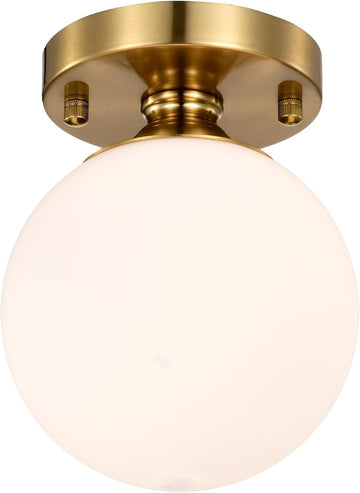 Gold Semi Flush Mount Ceiling Light 5.9" Globe Opal Glass Shade | Mid-Century Modern Hallway Light Fixture Closet