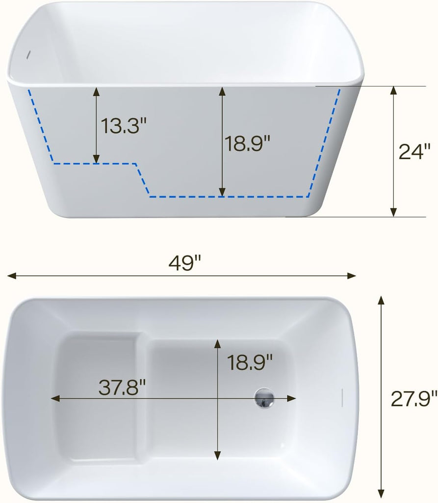 49" Acrylic Freestanding Bathtub - Japanese Square Soaking Tub with Built-in Seat & Toe-Tap Drain, Glossy White