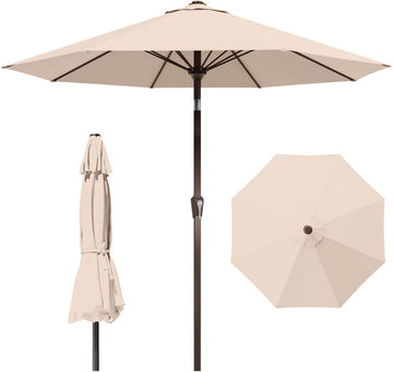 10FT Patio Umbrella Outdoor Market Umbrella with Crank and Tilt, 8 Flexible Fiberglass Ribs