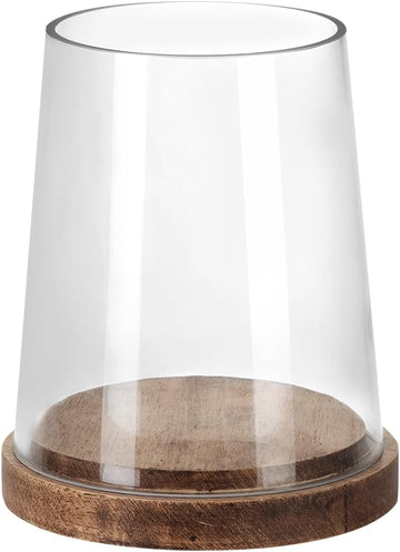 6" Wide Glass Hurricane Candle Holders with Handmade Sturdy Glass Sleeves and Vintage Natural Wood Base for Pillar