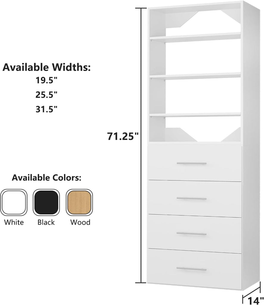 Modular Closet System, 25.5" 4 Drawer Shelf Closet Tower Wall-Mounted Closet Organizer, Wooden Tower for Walk-In