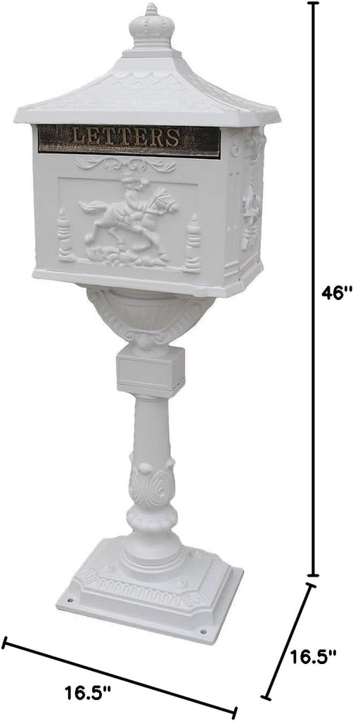 Mail Box Heavy Duty Mailbox Postal Box Security Cast Aluminum Vertical Pedestal (White)