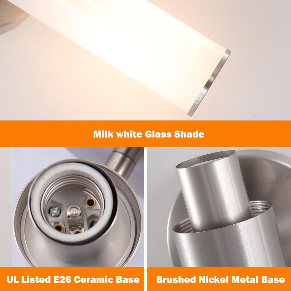 Brushed Nickel Wall Sconces Set of 2 (Hardwired Only), Bathroom Vanity Light Fixtures, Modern Cylinder Glass Wall