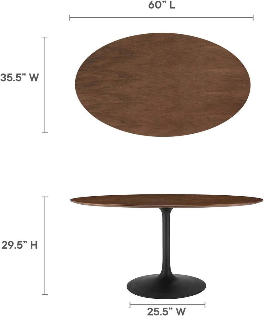 Inspired Saarinen Style Tulip Oval Pedestal Dining Table — Black Base / Walnut Top, 60″ Oval