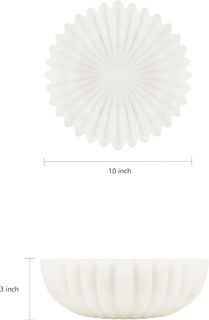 White Maeble Style Decorative Bowl, Entryway Console Centerpiece | Coffee Table Mantel Bookshelf Decor, 10" Scalloped