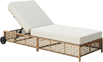 Outdoor Patio Chaise Lounge with Cushion, Acacia Wood and Wicker Sun Lounger, 5-Position Adjustable Backrest, Garden