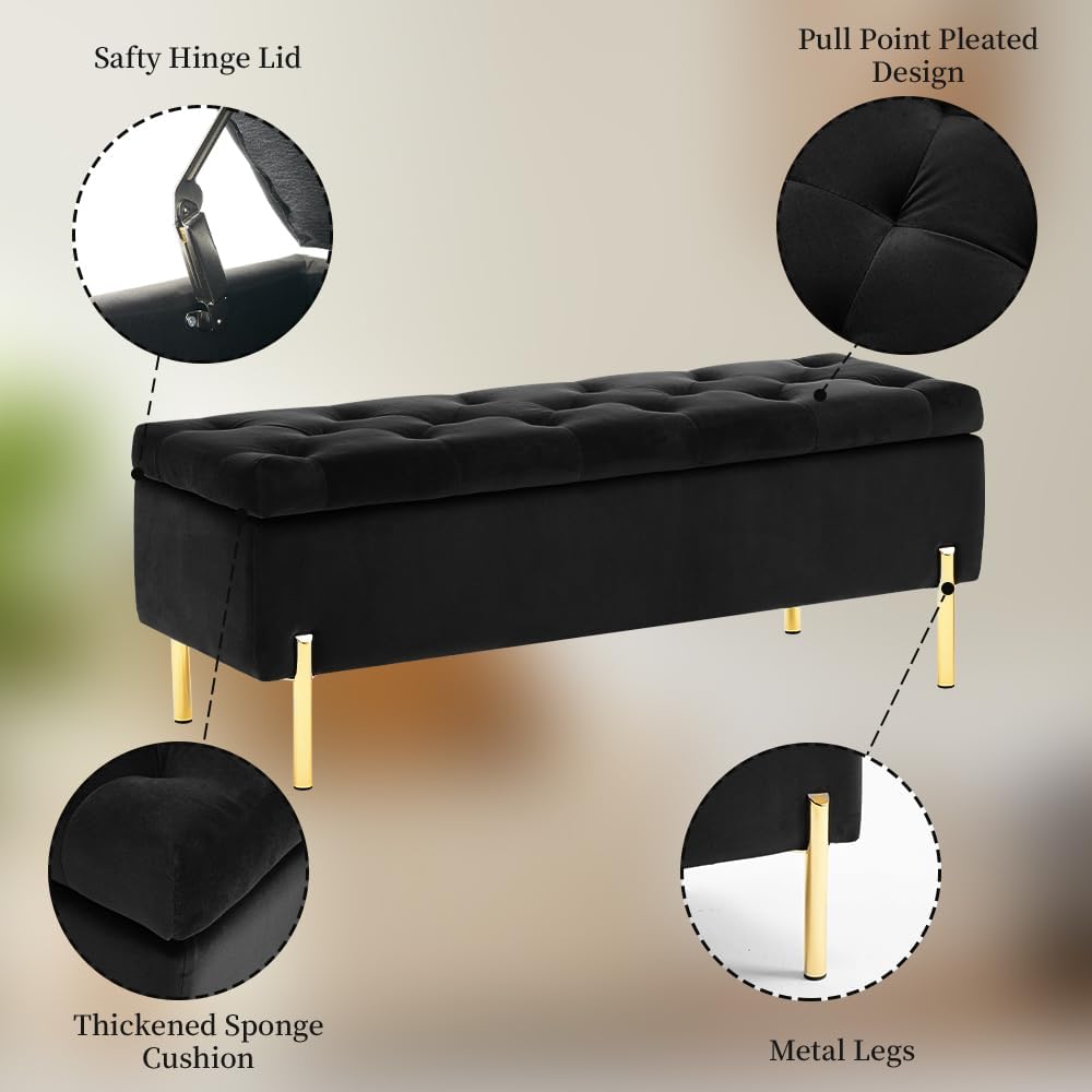 45.6 Inch Velvet Storage Bench Tufted Upholstered Ottoman Bench, Bedroom Bench with Storage, Living Room Entryway