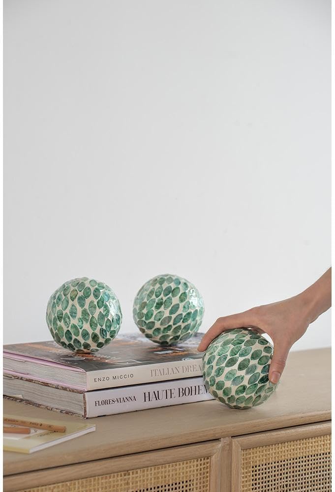 Set of 3 Ceramic and Capiz Decorative Spheres - Handcrafted Green Leaf Mosaic Orbs Decor, Tabletop Accent, Shelf