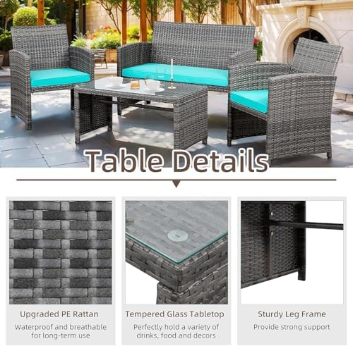 4-Piece Wicker Outdoor Patio Furniture Set - Conversation | Blue for Patio, Garden & Porch