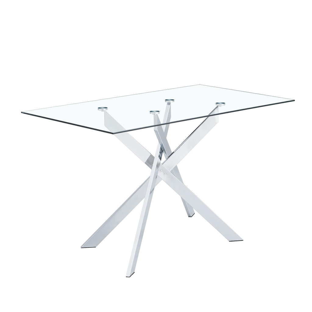 Rectangular Glass Dining Table, Tempered Glass Tabletop and Metal Legs, Modern Style Glass Kitchen Table (Silver