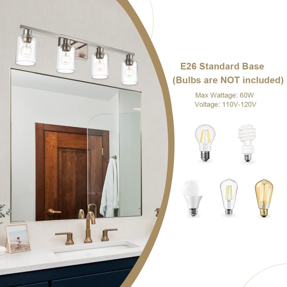 Industrial Brushed Nickel Wall Sconce with Clear Glass Shade and Metal Base,4 Light Bathroom Vanity Lighting Fixture