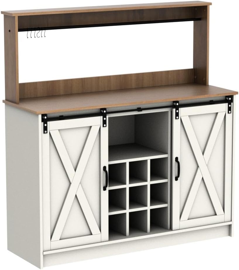 Farmhouse Coffee Bar Cabinet with Storage, 47'' Buffet Cabinet with Hutch and Sliding Barn Door