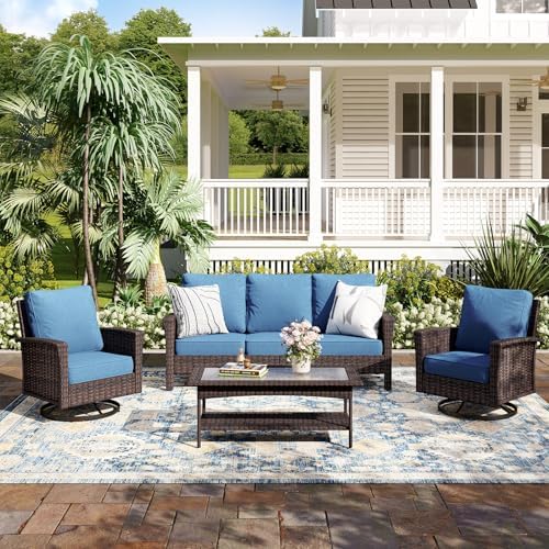 4-Piece Wicker Outdoor Patio Furniture Set - Swivel | Navy Blue All-Weather Resistant with Thick Cushions for Patio, Garden & Porch