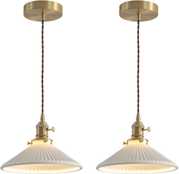 Pendant Light 2-Pack, Gold & Ceramic Shade for Kitchen Island, 8.7" | White ceramic shade, kitchen island dining
