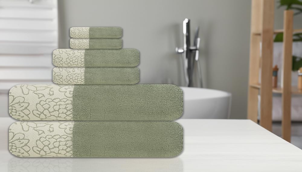 6-Piece Jacquard Bath Towel Set - 100% Cotton 600 GSM Luxury Towels - Soft, Absorbent & Quick Dry - Bath Towels, Hand