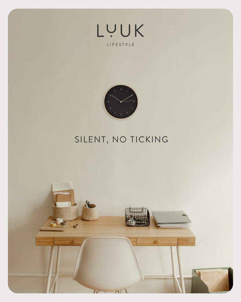 Modern Silent Quartz Wall Clock, 10in, Black & Gold