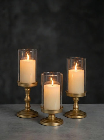Hurricane Glass Candle Holders: Gold Pillar Candle Stand with Open Ended Chimney - Set of 3 Metal Candleholder for