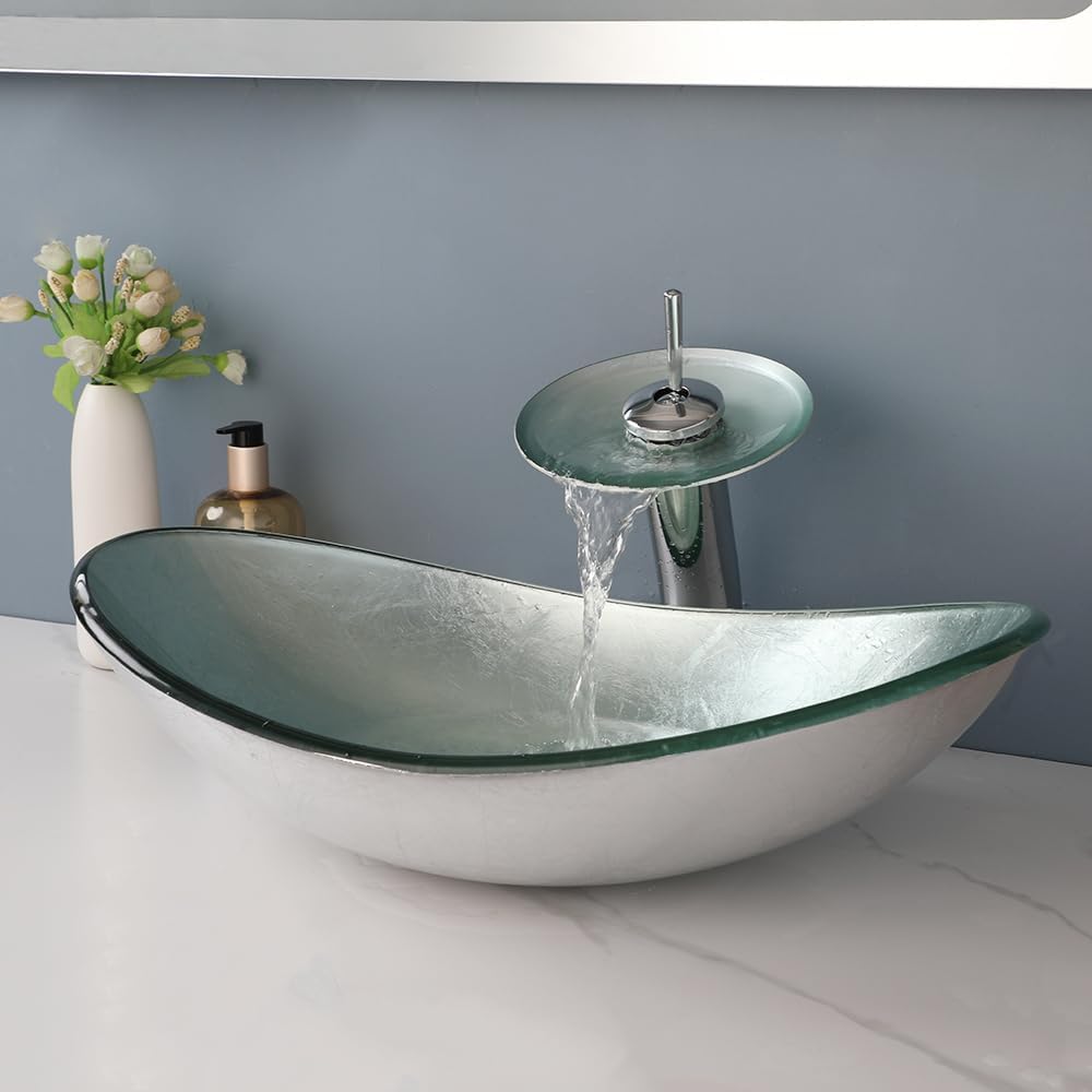 Oval Bathroom Vessel Sink Tempered Glass With Faucet Pop Up Drain Washing Bowl Waterfall Above Counter Set