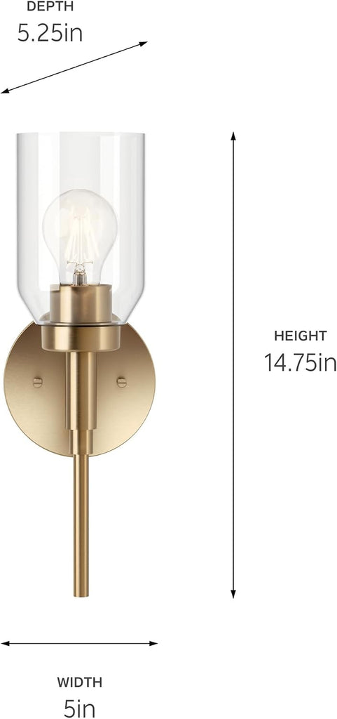 Madden 1-Light Bathroom Wall Sconce Light Fixture with Clear Glass in Champagne Bronze, Modern Vanity Lighting
