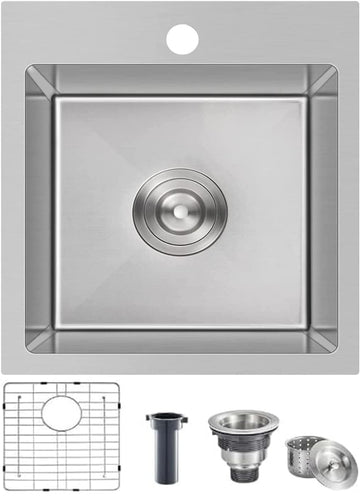 18x18 Inch Drop in Bar Sink, Top Mount Handmade 16 Gauge Stainless Steel Small, 9 Inch Deep Single Bowl Workstation