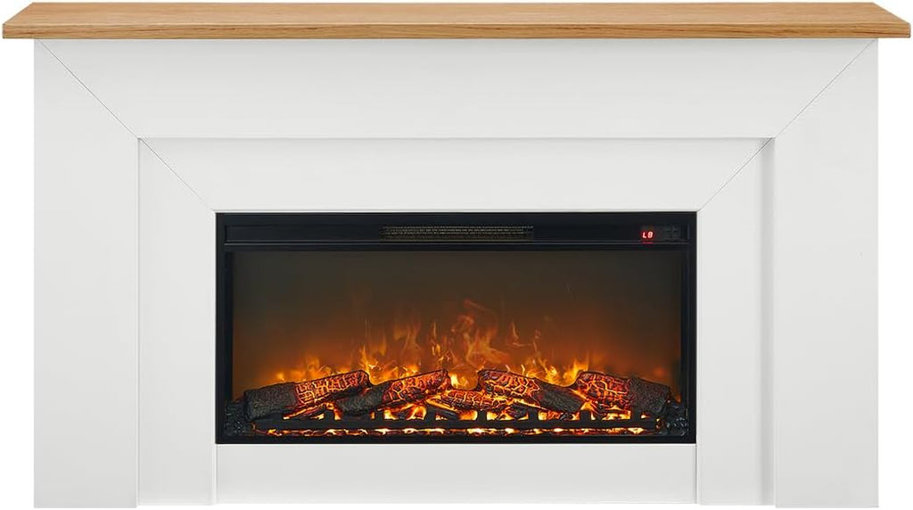 64" Freestanding Electric Fireplace with Wood Mantel, Realistic Flame and Log Display, Replaceable Heater Insert