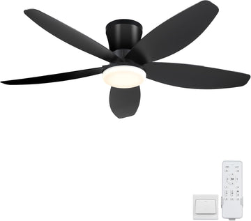 42" Ceiling Fans with Lights-Low Profile Ceiling Fan with Light and Remote/APP Control,Flush Mount,DC Reversible,LED Dimmable Black Ceiling Fans for Bedroom,Indoor/Outdoor Patio Use