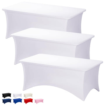 3 Pack 8FT White Tablecloth Rectangle Spandex Fitted Table Cover