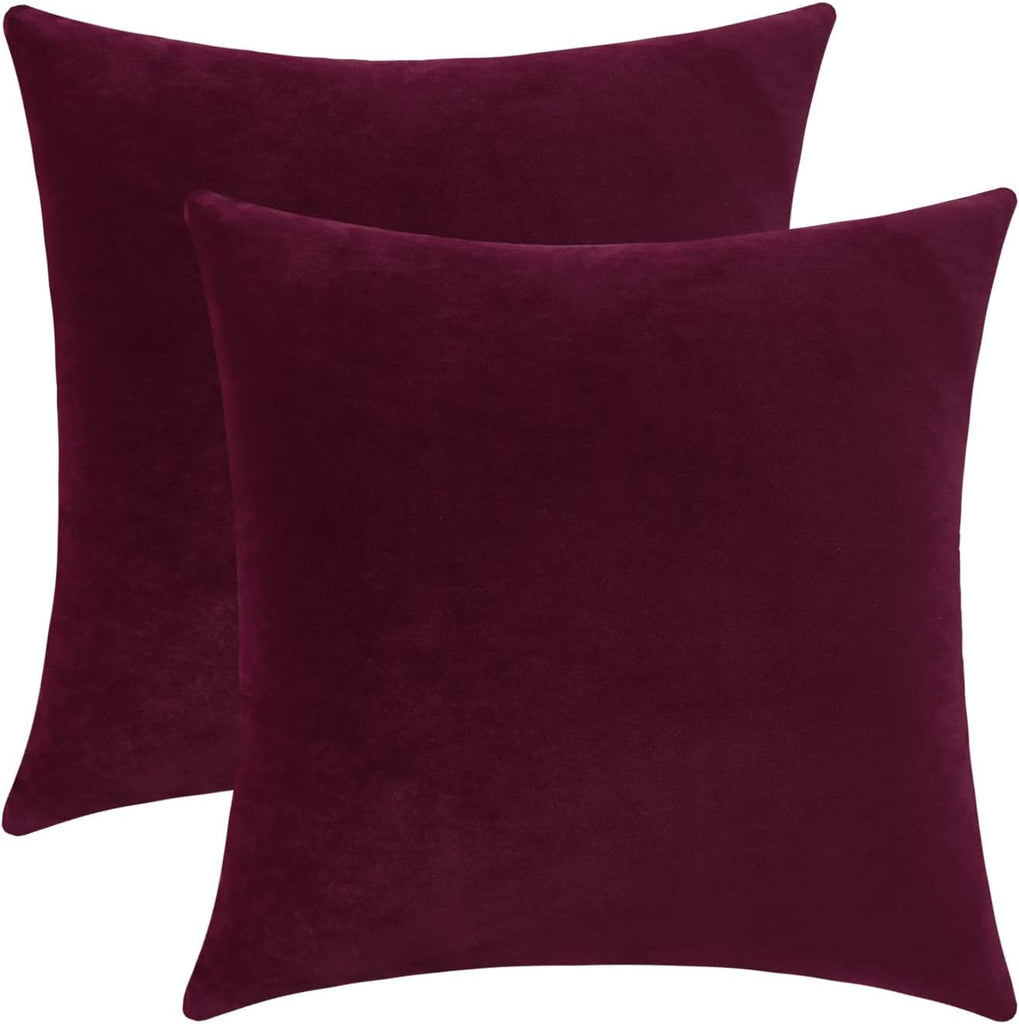 Comfy Burgundy Red Throw Pillow Covers Decorative Square Solid Thick Velvet Super Soft Cushion Cases Home Decor, Set