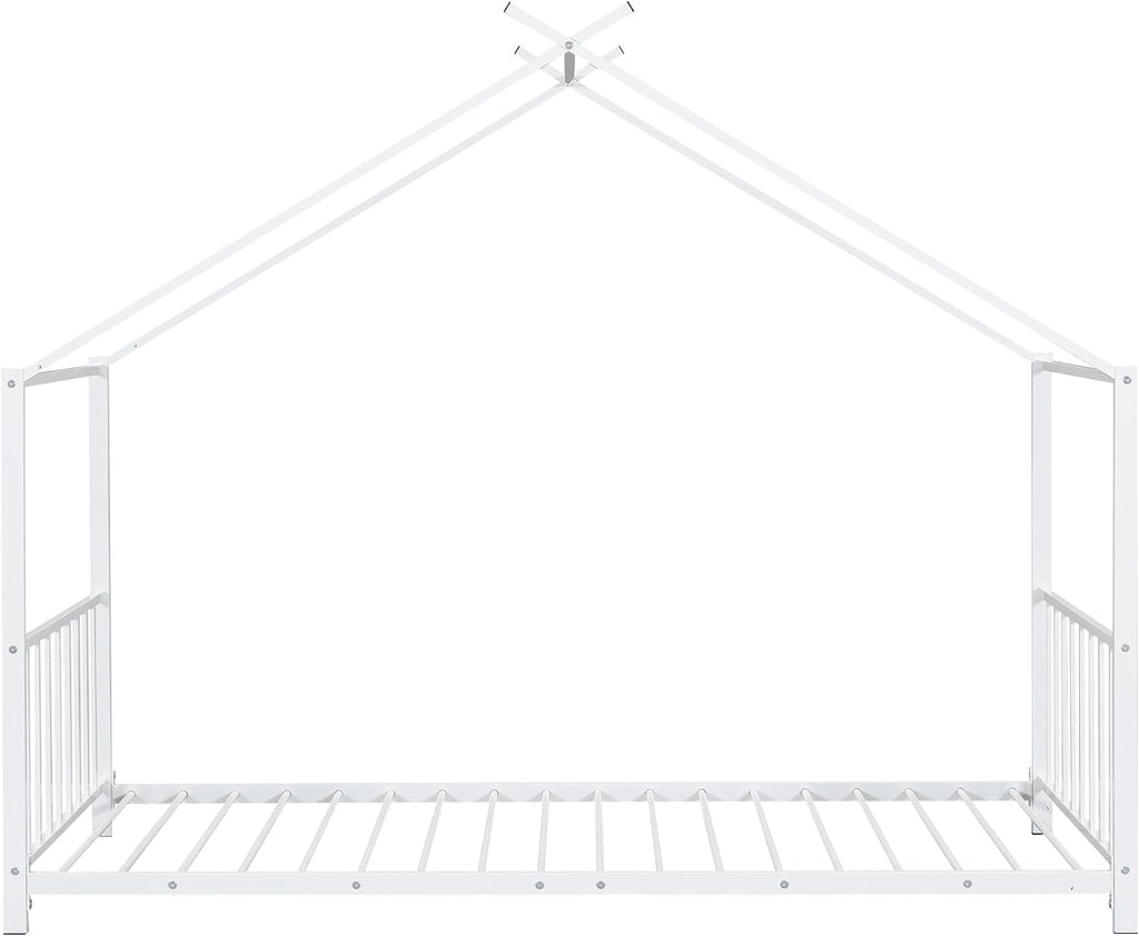 Twin Size Kids Montessori Floor Bed,Houe Bed Frame with High Headboard,Twin Floor Bed with Roof for Boys Girls,Floor