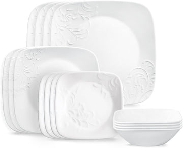 Cherish 16pc Dinnerware Set, Service for 4, 8 Plates 8 Bowls, Chip & Break Resistant, White Corelleware