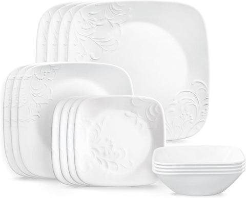 Cherish 16pc Dinnerware Set, Service for 4, 8 Plates 8 Bowls, Chip & Break Resistant, White Corelleware