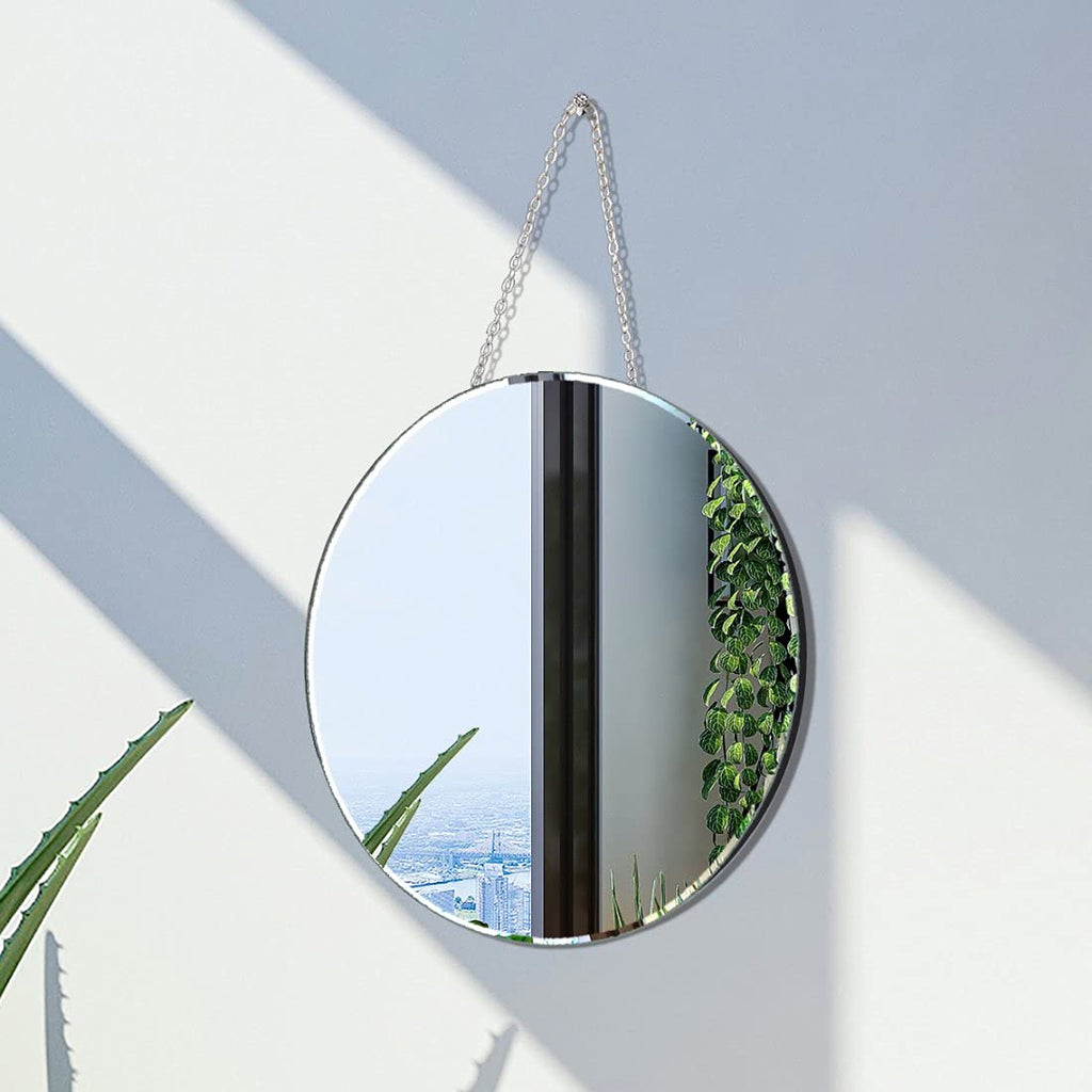 Round Silver Mirror with Iron Chain for Wall Decor Diameter Circle 12 inch Wall Hang Frame Less Mirror Small
