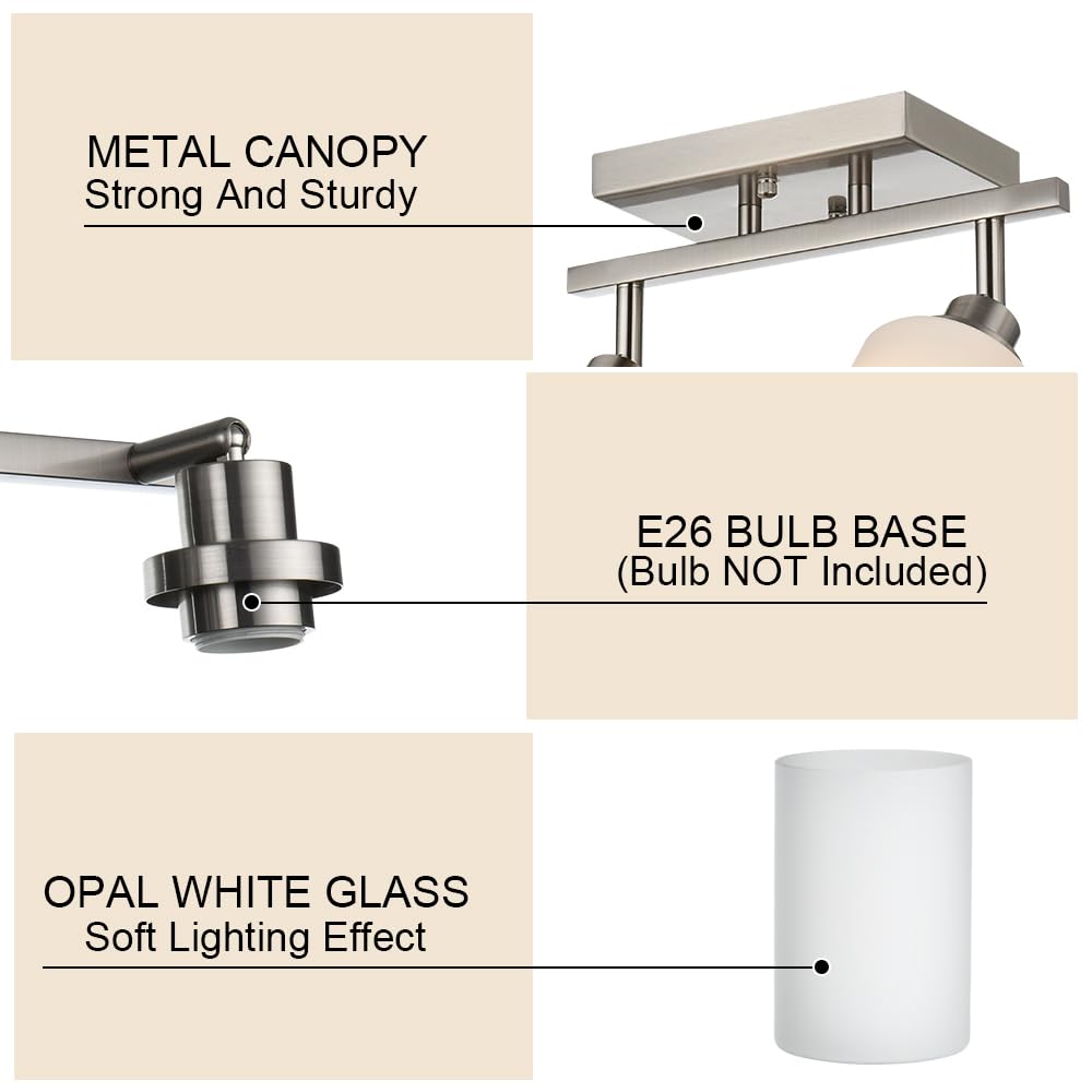 Track Lighting Fixtures Ceiling, 3-Lights Brushed Nickel Wall Ceiling Spot Lighting with Opal White Glass, E26 Bulb