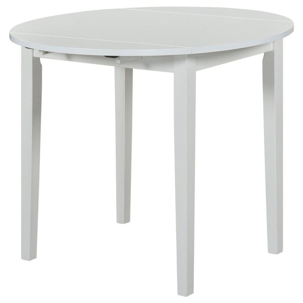 3 Piece Drop Leaf Dining Set, Round White Table with 2 Ladder Back Chairs, Beige Cushioned Seats, Rubberwood